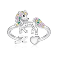 Unicorn open ring with colorful crystals, letter K and heart in silver finish - K Style (k)