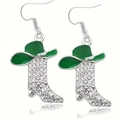 Sparkly Western cowboy boot and green hat earrings with silver rhinestones - Green