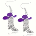 Sparkling western cowboy boot earrings with purple hat and rhinestones on white background - Purple