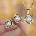 Elegant gold jewelry set with white pearls and green enamel spiral floral accents - Green and White (Set)