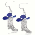 Detail of silver Western cowboy boot earrings with blue hat and sparkling rhinestones - Blue
