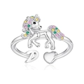 Unicorn open ring in silver finish with colorful zircons and letter D heart detail - D Style (d)