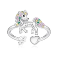 Adjustable silver unicorn ring with colorful rhinestones and letter G heart detail - G Style (g)