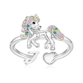 Silver unicorn open ring with colorful zircon mane and heart-shaped letter J detail - J Style (j)
