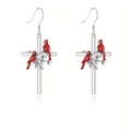 Creative cross and cardinal bird earrings with silver branch and leaf leaf details - Earrings