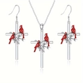 Artistic cross necklace and earrings set with climbing leaves and red cardinal birds - Necklace And Earrings Set