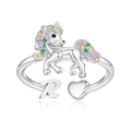 Unicorn open ring with colorful crystals and capital letter R in silver finish - R Style (r)
