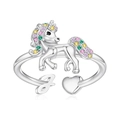 Silver unicorn open ring with colorful crystals, letter J and heart details - T Style (t)