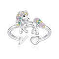 Unicorn open ring in silver finish with colorful zircon mane and heart detail - V Style (v)