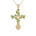Golden Celtic cross necklace with green enamel leaves and tree of life hollow design - Necklace / Gold