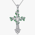 Celtic cross necklace with silver vine design and green enamel leaves on white background - Necklace / Silver