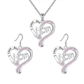 Silver heart necklace and earrings set with pink zircon and I love you Mom engraving - Pink Set (Necklace and Earrings)