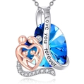Blue crystal heart necklace with rose gold family relief and I Love You Forever engraving - Blue