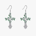 Silver Celtic cross drop earrings with green enamel leaves and intricate knotwork - Earrings / Silver
