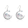 Silver unicorn and crescent moon drop earrings with purple blue enamel and star detail - Earrings