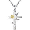Cross necklace with hummingbird and sunflower pendant in silver and gold dual-tone finish - Necklace