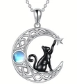 Silver crescent moon necklace with black cat, moonstone pendant, and star detail - Necklace