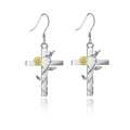 Silver hummingbird cross earrings with gold sunflower and zircon detail on white base - Earrings