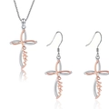 Silver and rose gold faith cross necklace and hook earrings jewelry set - Necklace & Earrings