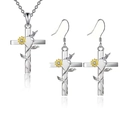 Silver hummingbird cross necklace and earrings set with sunflower detail and zircons - Necklace + Earrings