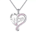Silver-plated heart necklace for Mom with pink zircon stones and engraved I love you text - Pink (Necklace)