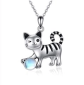 Cute silver cat pendant necklace with blue moonstone bead and minimalist link chain - Necklace