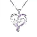 Silver-plated Mom heart necklace featuring purple stones and I Love You engraving - Purple (Necklace)