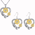 Sunflower heart necklace and earrings jewelry set with clear cubic zirconia - Necklace + Earrings