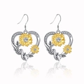 Two-tone heart sunflower necklace and earrings set with crystal inlay and silver finish - Earrings