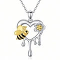 Heart-shaped bee flower pendant necklace with silver finish and colorful enamel - Necklace