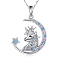 Silver unicorn necklace with moon and star pendant featuring colorful crystals - Necklace