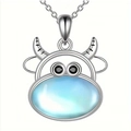 Cute silver cow pendant necklace with blue moonstone and elegant O-chain for women - Necklace