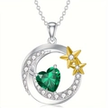 Elegante collar de plata con colgante de corazón verde, estrellas doradas y luna brillante - Collar