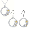 Halskette und Ohrringe Set mit Gänseblümchen Blume und Kristall Hohlring Anhänger - Halskette und Ohrringe Set