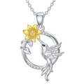 Collar colgante de colibrí y girasol con piedras de circón en tonos plateados y dorados - Collar