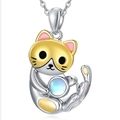 Cute cartoon cat pendant necklace with blue moonstone and silver gold plated finish - Silver