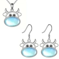 Silver necklace and earrings set with cute bull pendant and moonstone for women and kids - Necklace + Earrings