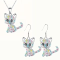 Cute cartoon cat jewelry set with colorful rhinestones on silver necklace and earrings - Colorful Cat Jewelry Set