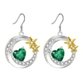 Pendientes de luna plateados con corazón verde y detalles de estrellas doradas - Pendientes