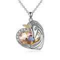 Unicorn heart pendant necklace with orange crystal and silver chain on white background - Silver