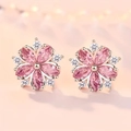 Romantic cherry blossom earrings with pink marquise zircon and silver petals - Stud Earrings
