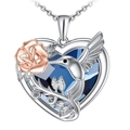 Ocean Heart Halskette mit blauem Kristall, Kolibri und Rose an einer Silberkette - Silber