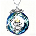 Collier pendentif prince grenouille élégant avec cristal bleu et couronne dorée en argent - Bleu