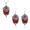 Gothic vampire bat jewelry set featuring red gemstone inlay and vintage silver finish - Necklace and Earring Set / Red