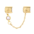 Golden Italian modular bracelet link with security chain and light purple pearl stone inlay - Milk White Round (4093)