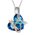 Elegant Heart of the Sea crystal necklace with dragonflies and I love you engraving - Blue Heart Dragonfly Style / Silver