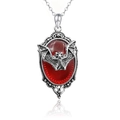 Gothic vampire bat pendant necklace with red gemstone and vintage silver floral details - Necklace / Red