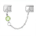 Italian charm bracelet safety chain module with polished silver finish and green gemstone - Cyan Round Gemstone Style (4198)