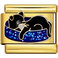 Italian charm bracelet link featuring a black sleeping cat and blue heart enamel design - Blue Nest Black Cat