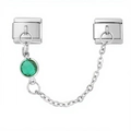 Macro detail of 9mm Italian charm bracelet link with silver chain and green gemstone - Lake Blue Round Gemstone Style (4194)